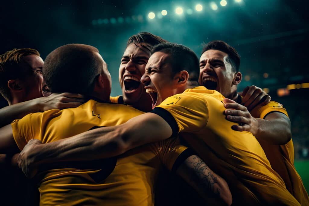 Male Soccer Players In A Crowded Soccer Stadium Celebrating A Goal